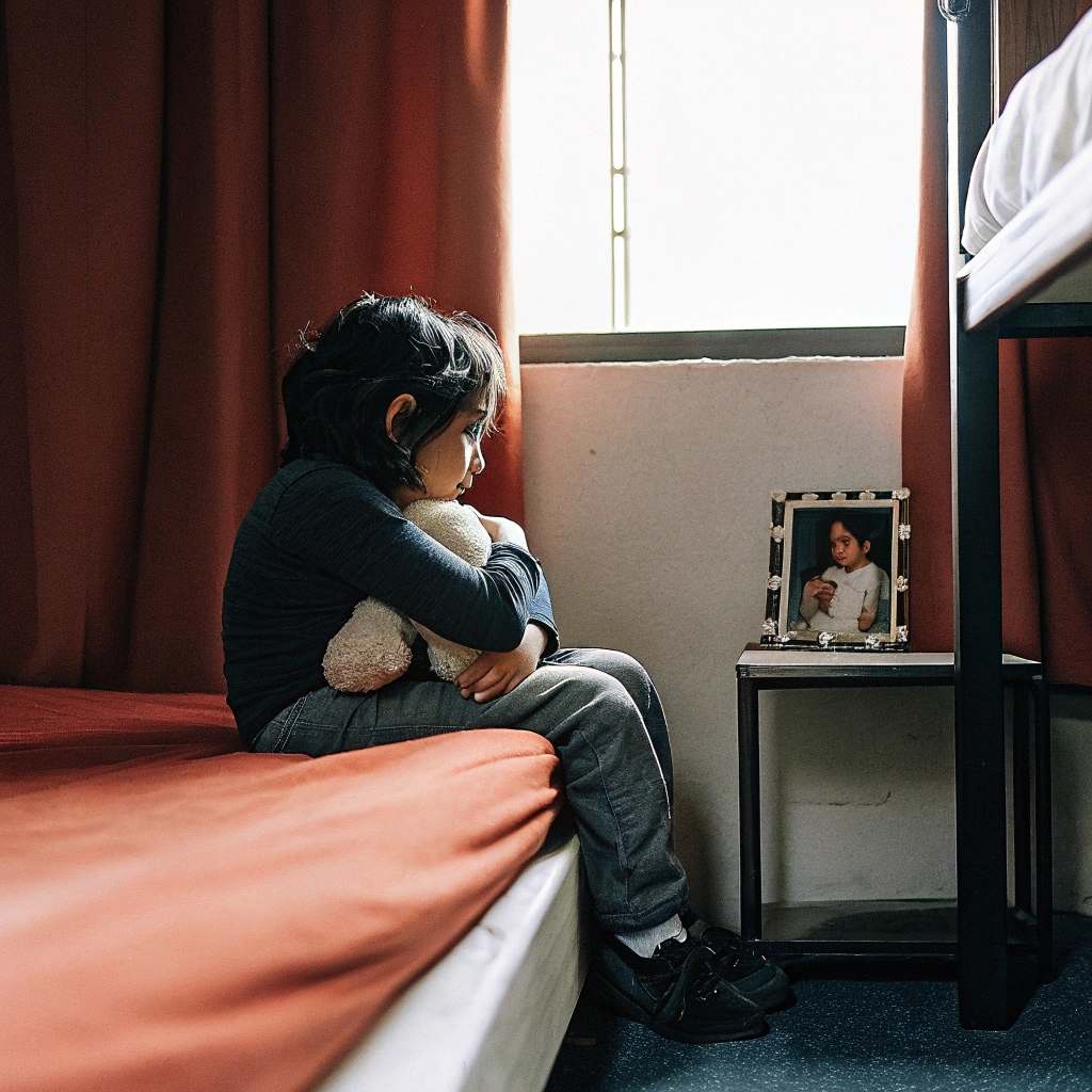 kid sitting on the edge of the bed looking sad while hugging a stuffed toy