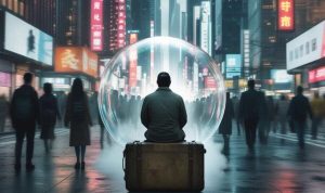 a man sitting on a suitcase inside a bubble on a busy street surrounded by people