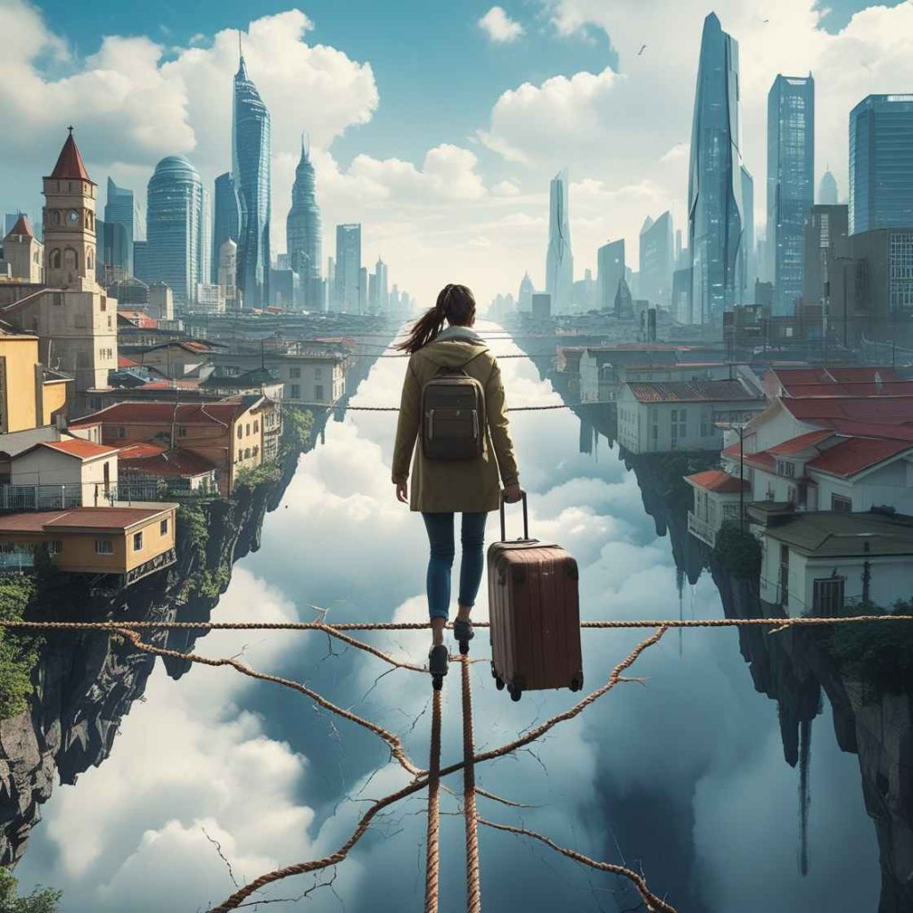 a young female traveler walking on a tightrope that stretches between two cities
اضطراب بعد از مهاجرت