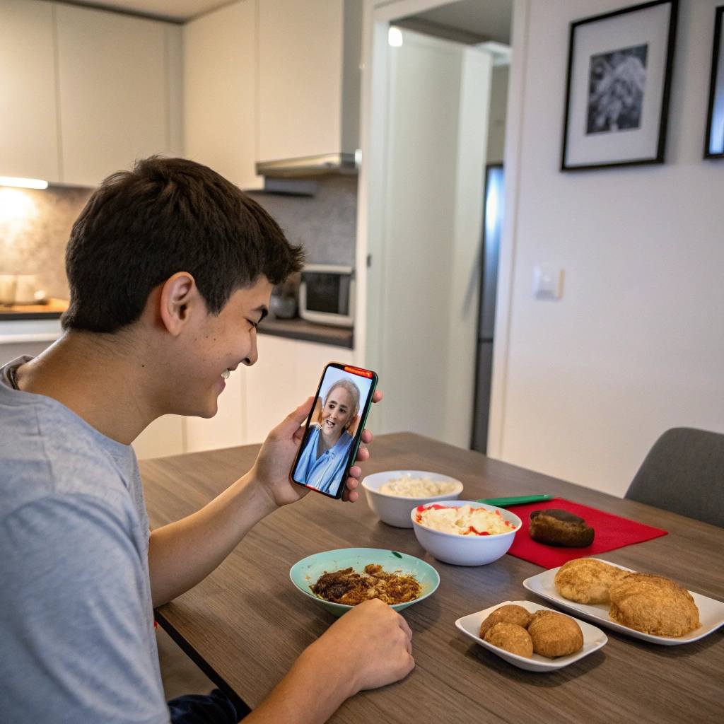 a young man eating food and having a videochat with his mom