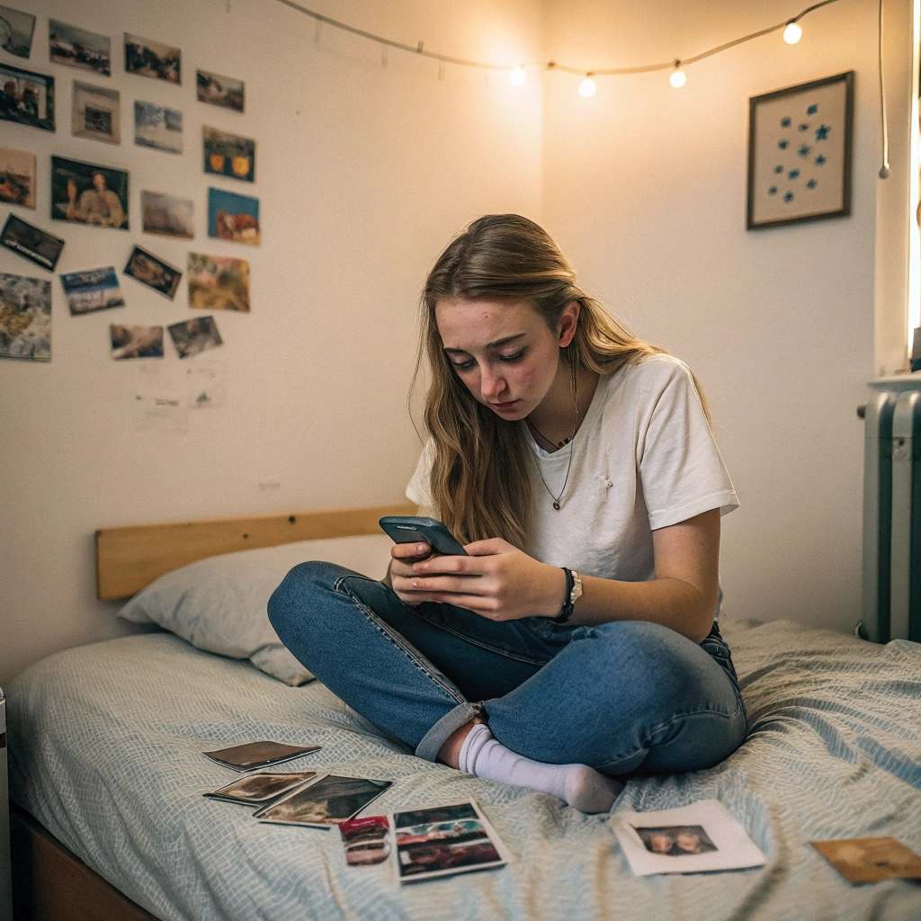 a college student messaging someone on the phone while there are her old photos scattered around