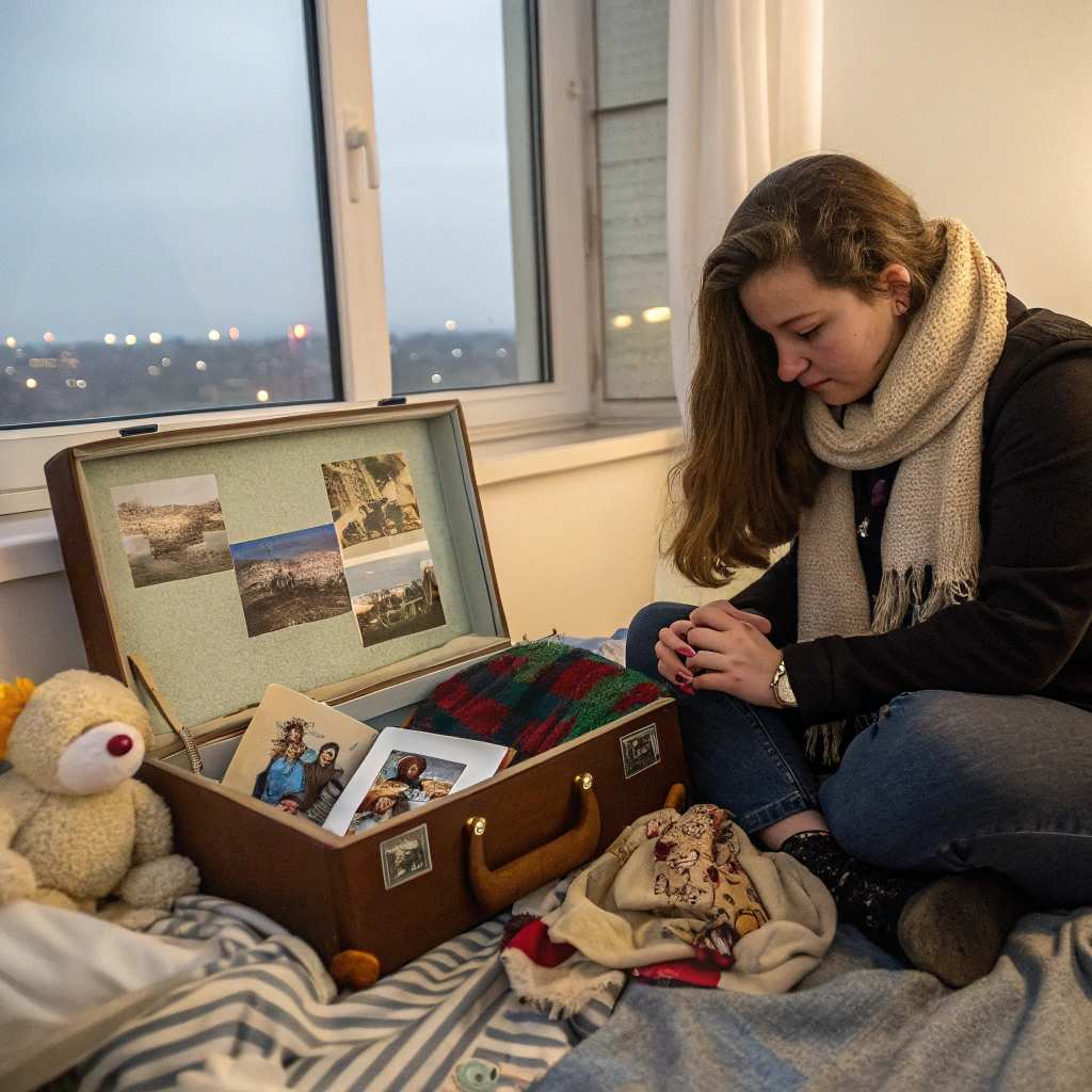 a young woman sitting next to a suitcase filled with pictures and items she brought from home