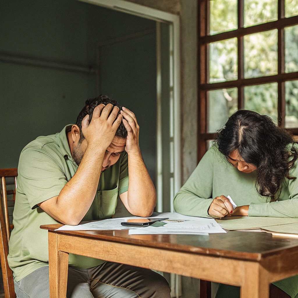 A husband and wife sitting behind a desk doing paperwork looking frustrated