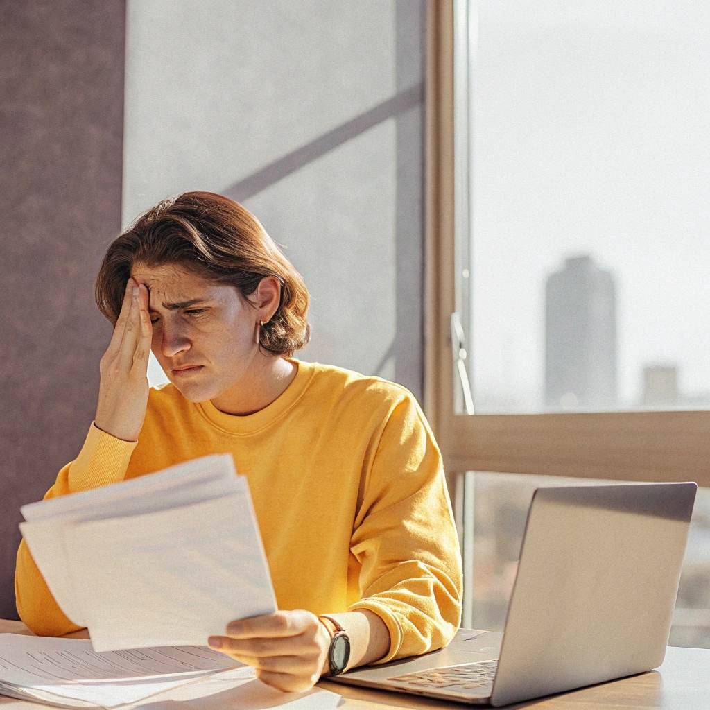 a student looking at his bills frustrated