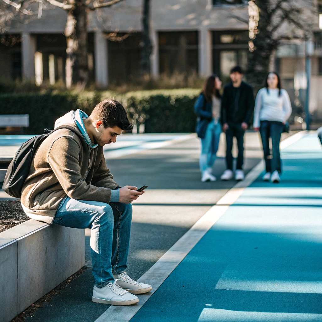 A student sitting besides a walkway looking sad