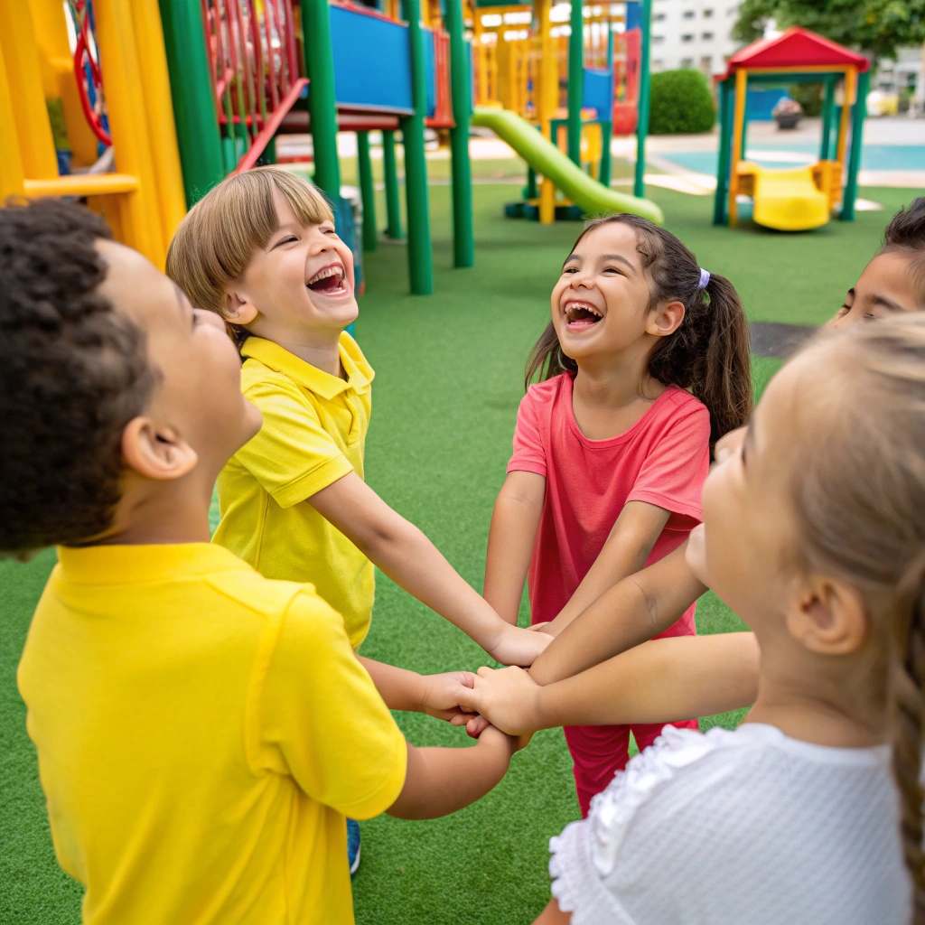 a group of children holding hands and laughing while playing on a playground