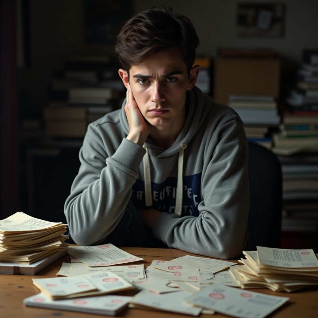 a student sitting behind a desk looking worried