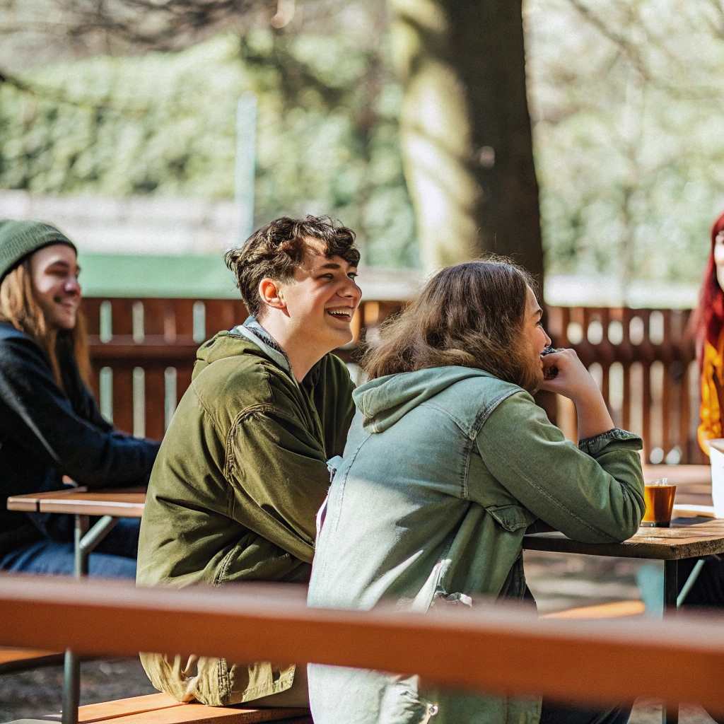 A university student smiling in a group of friends