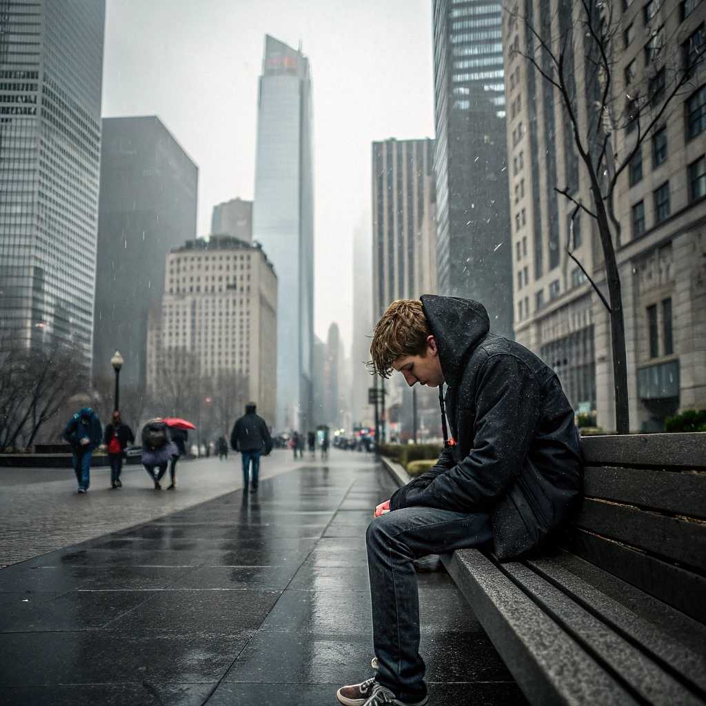a young man sitting alone on a bench on a busy street