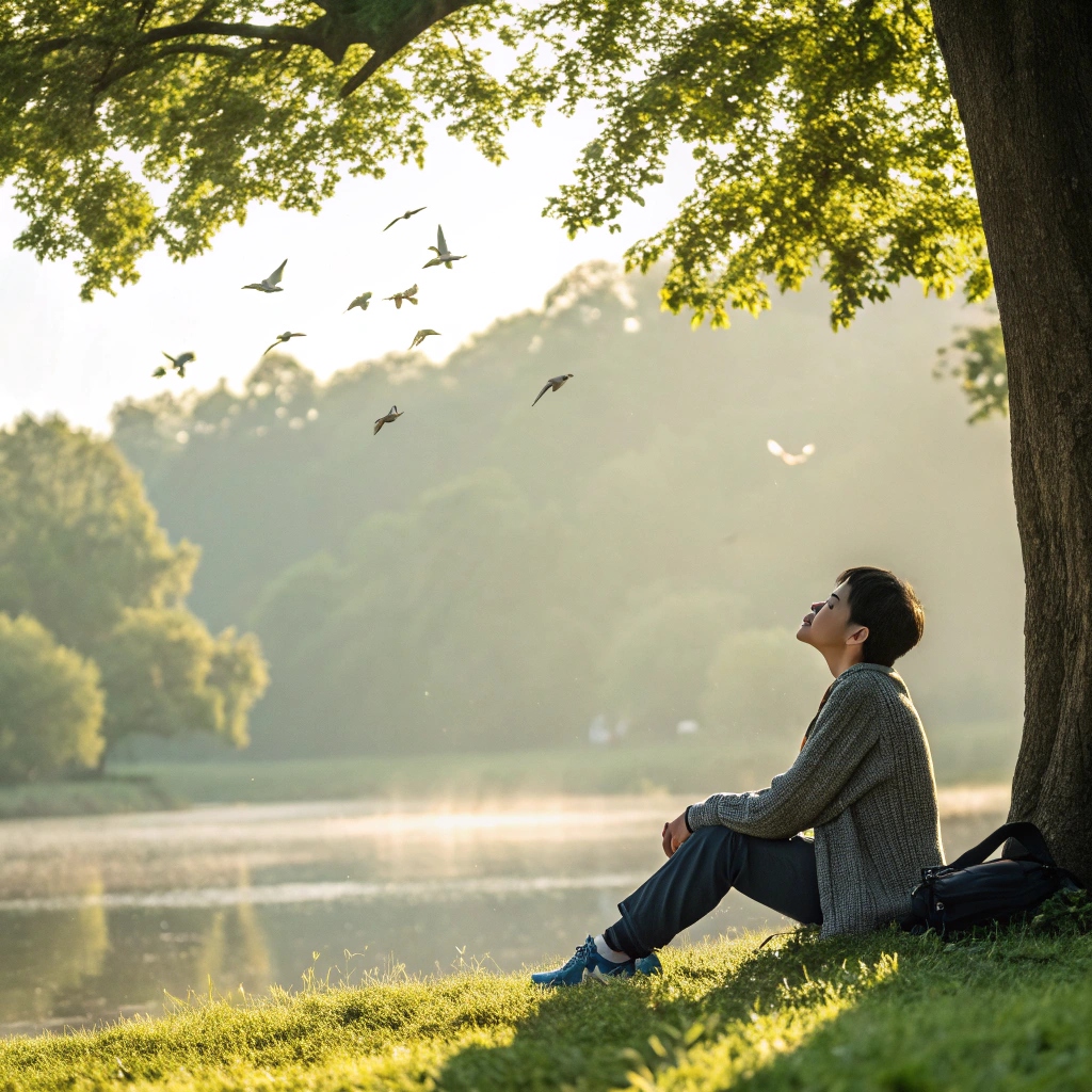 A studnet sitting next to a pond and relaxing