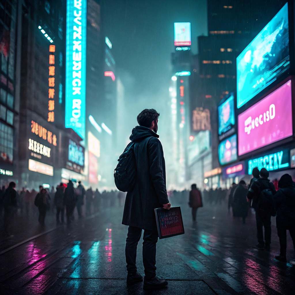 a young man standing alone on a busy street at night