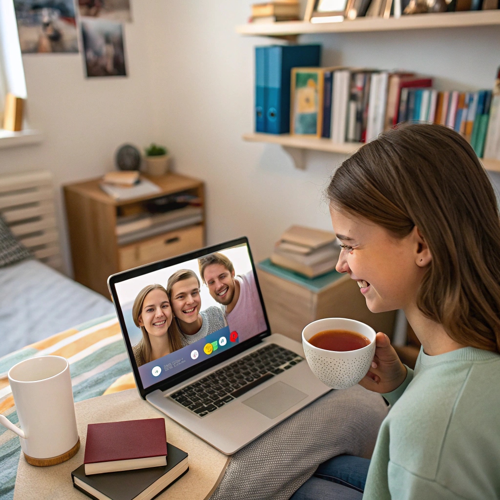 A student smiling while having a video chat with friends