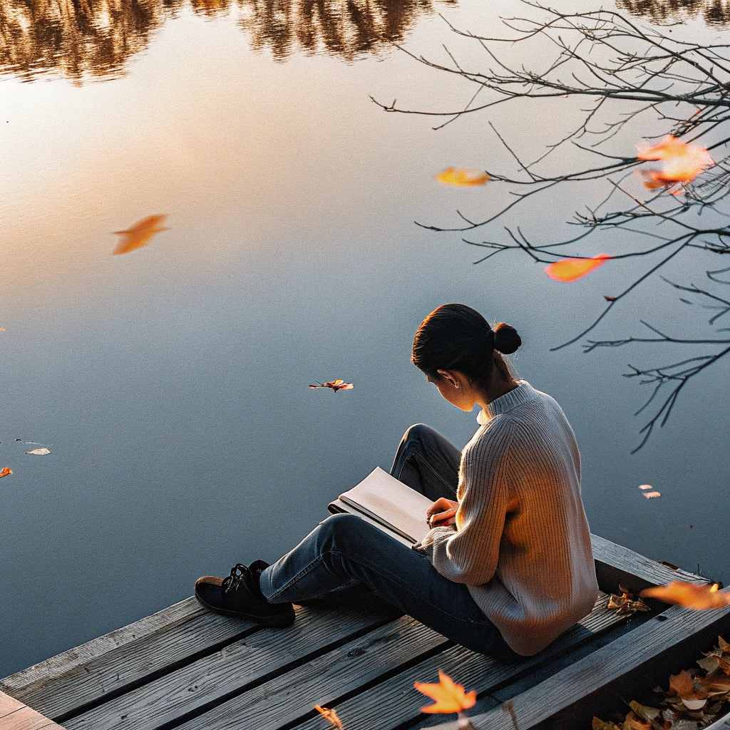 a student reading a book next to a pond