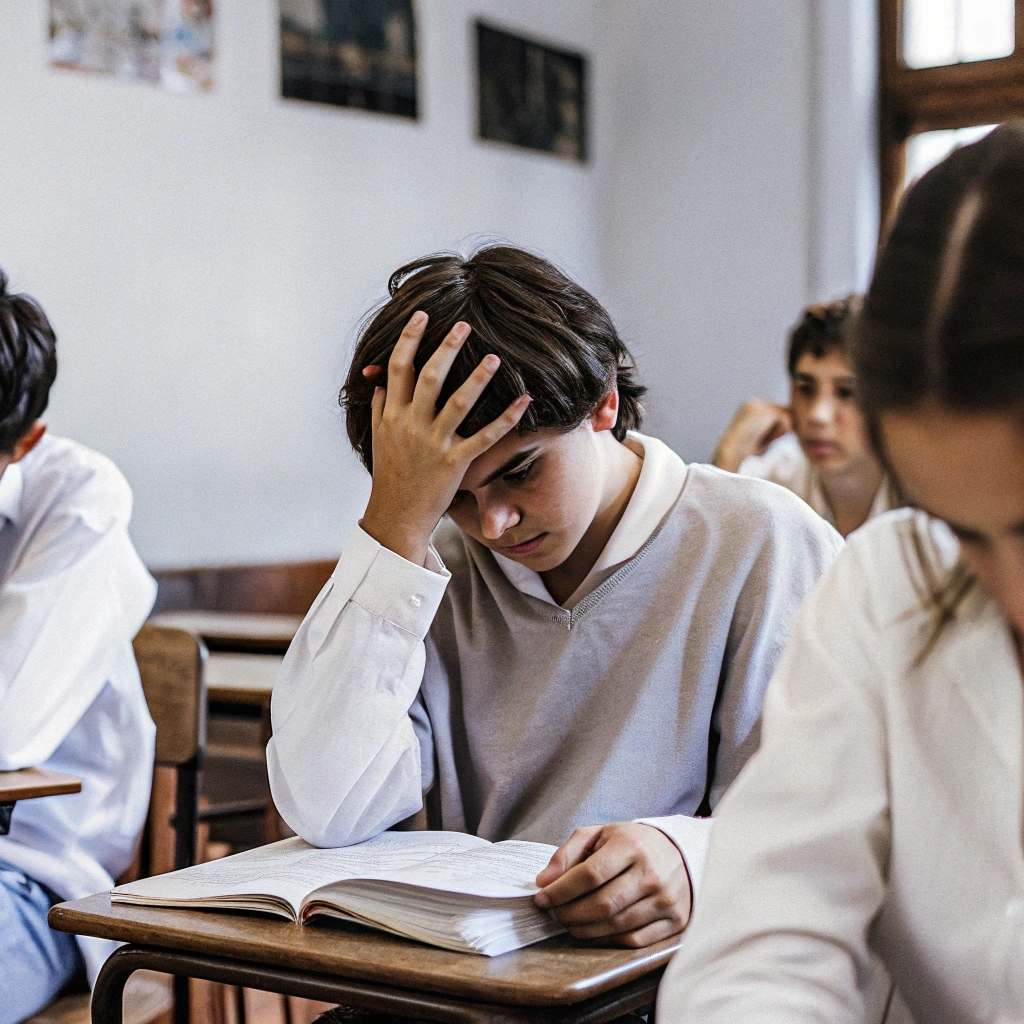 A student anxious and stressed while reading a book