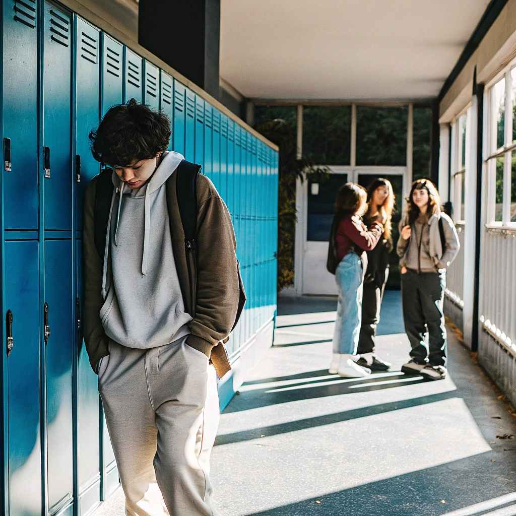 A teenager standing in the school' halway looking sad and alone