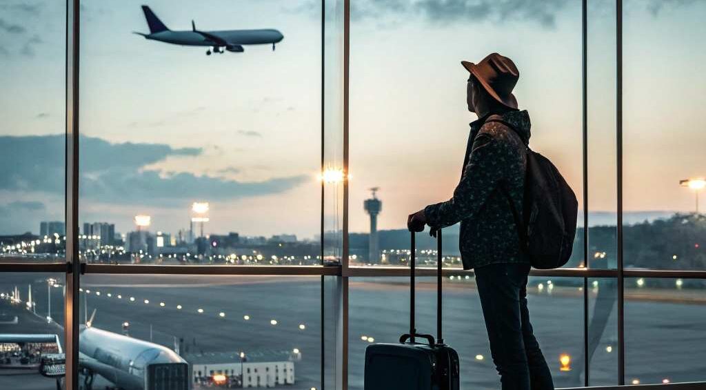 a traveler in an airport looking at an airplane taking flight