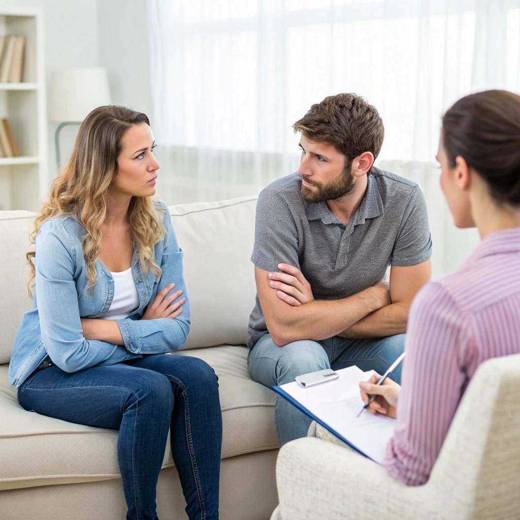 A husband and wife in a councilor's office seeking therapy