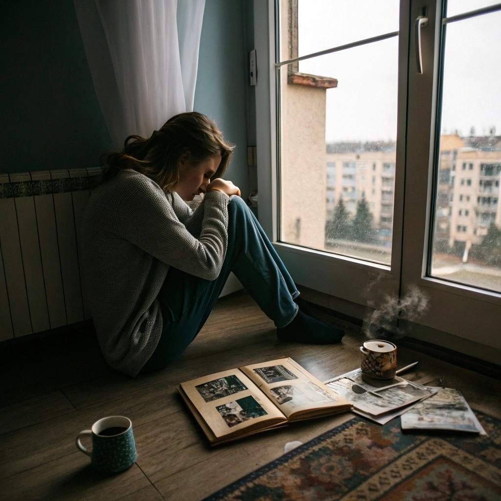 a woman sitting in front of a window looking sad