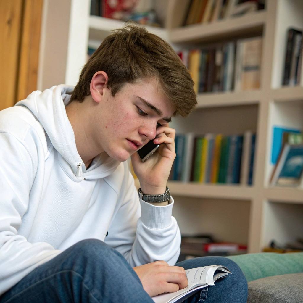 a young man talking on the phone and looking sad