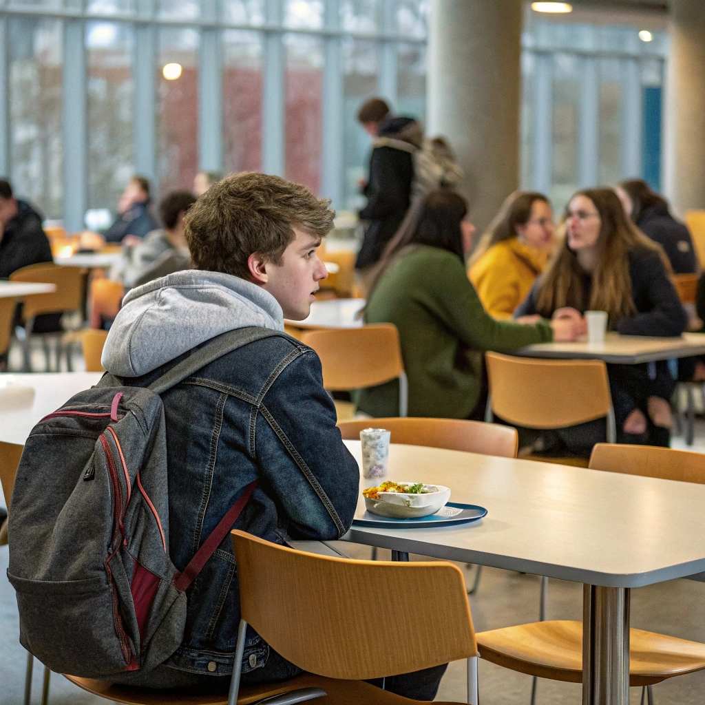 a student sitting alone in cafeteria
