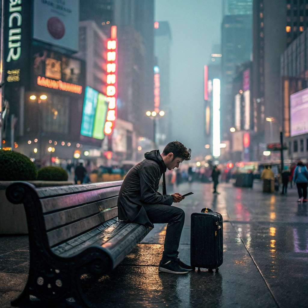 a young man sitting on a bench on a busy street looking lost with a suitcase next to him
دلتنگی بعد از مهاجرت