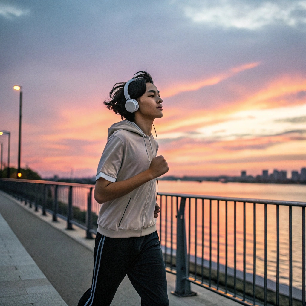 a young man running while wearing headphones