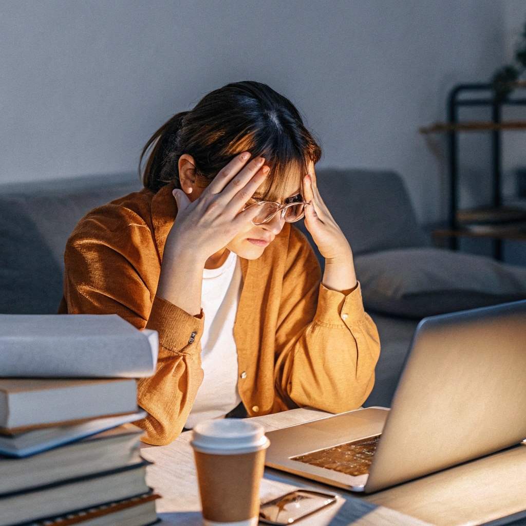 An stressed student checking her homework