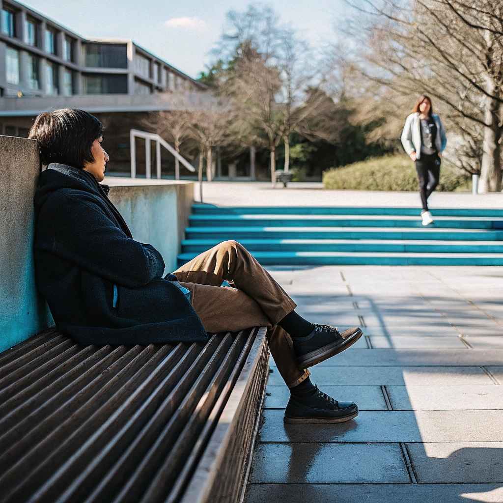 a student sitting on a bench in the yard