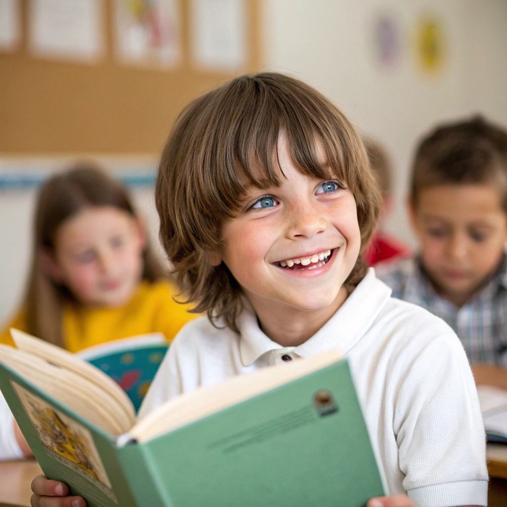 a child looking happy and encouraged while holding a book