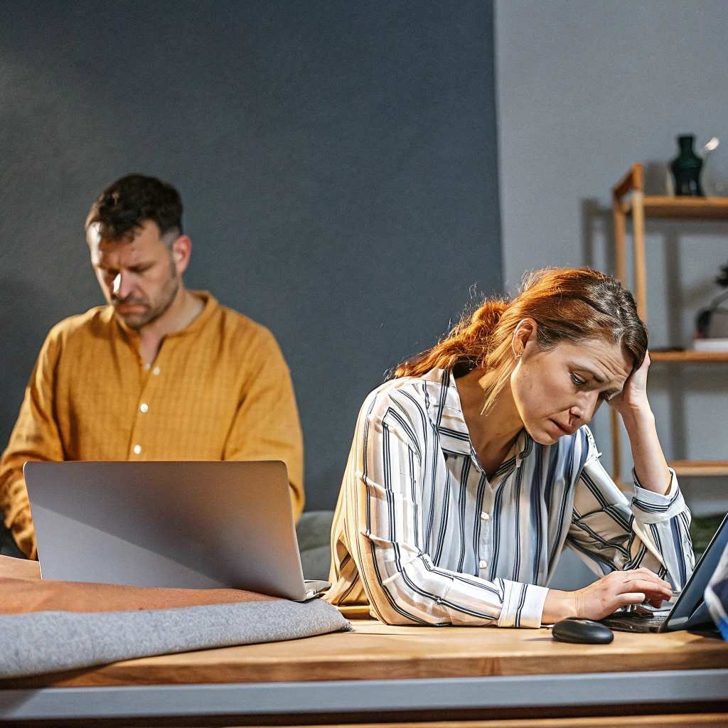 a woman on a laptop and a man behind her, clearly mad at eachother
دلایل طلاق پس از مهاجرت