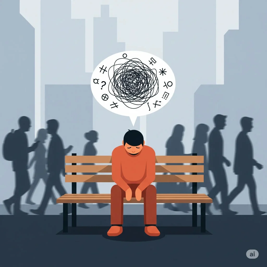 A man sitting on a bench on a crowded street with convoluted thoughts