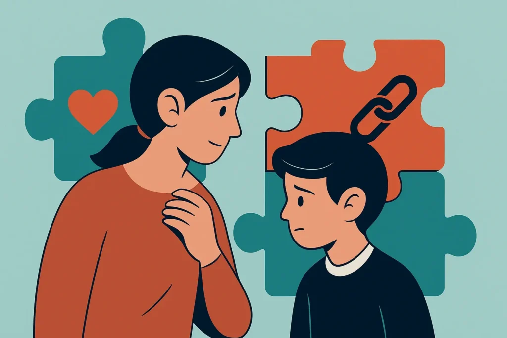 a mother and child standing in front of each other with puzzle pieces in the background
وابستگی ناسالم